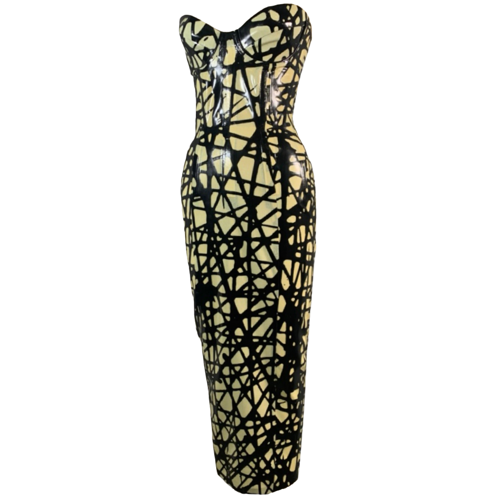 (ONE OF A KIND) UV Chaotic Lines Print Bound Dress W/ FREE Masquerade Mask READY TO SHIP  Womens - Vex Inc. | Latex Clothing