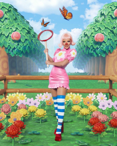 Doja Cat cosplaying the Animal Crossing Pink Villager in a custom Vex latex dress