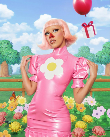 Doja Cat in a custom pink latex Animal Crossing Pink Villager costume by Vex Clothing