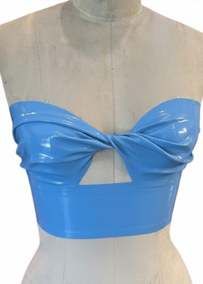 Blue latex twist-front tube top by Vex Clothing