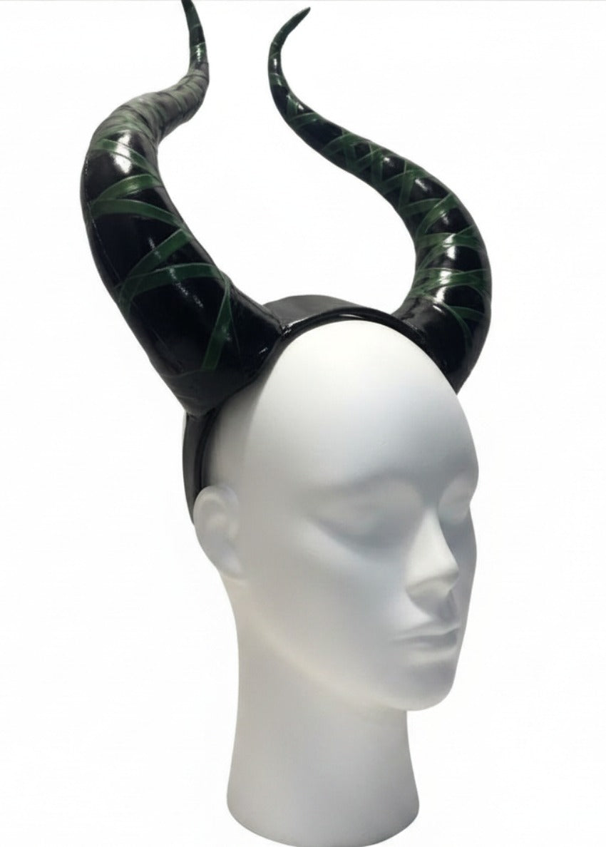 Black and green horned latex crown by Vex Clothing on a white display head