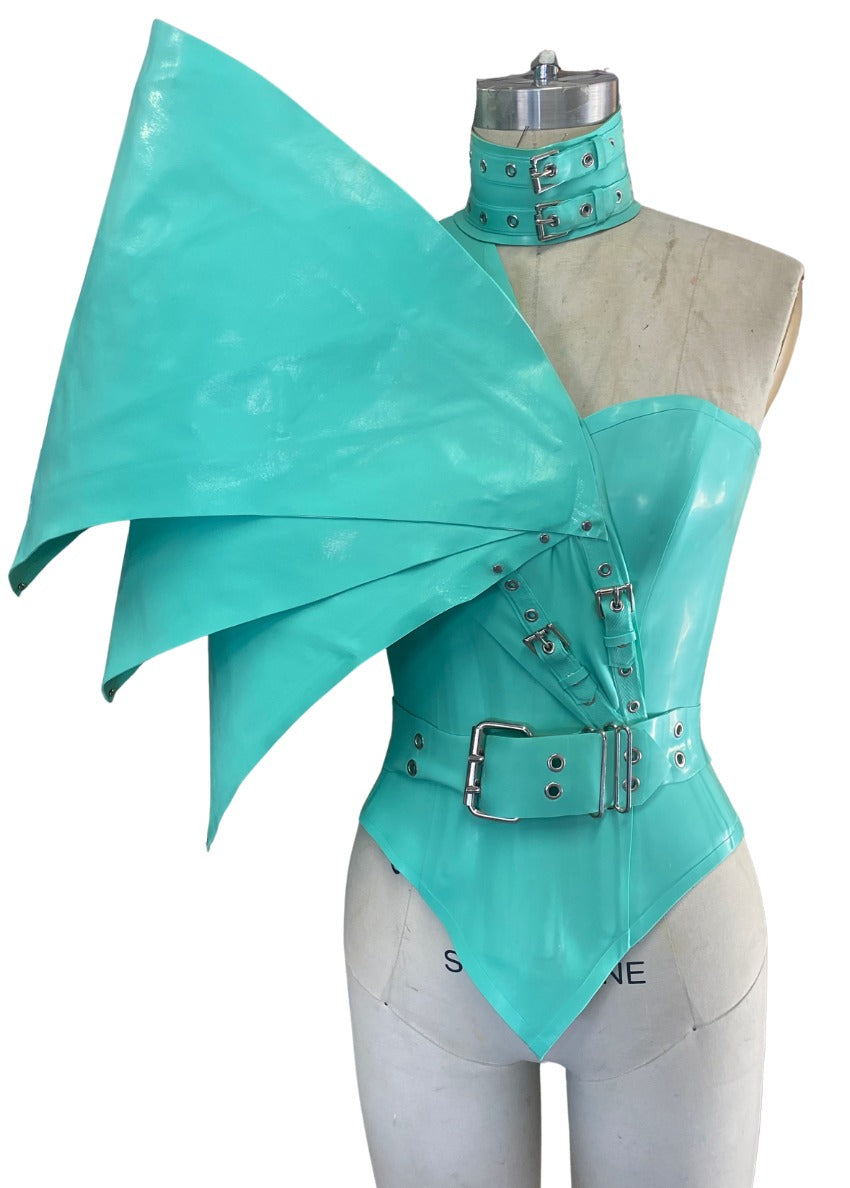 Jade green sculptural latex bodysuit with winged panel, buckled belt and buckled collar