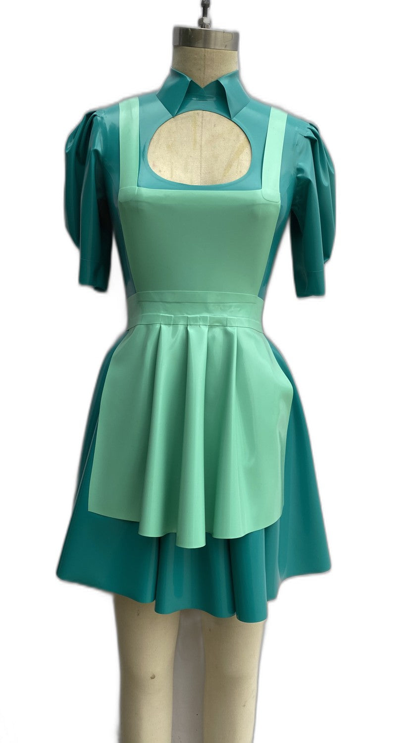 Mint green latex nurse dress inspired by Nurse Dolly from Ratched, front view