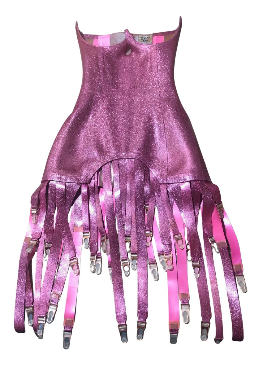 Pink glitter latex corset with a skirt of garter straps, front view