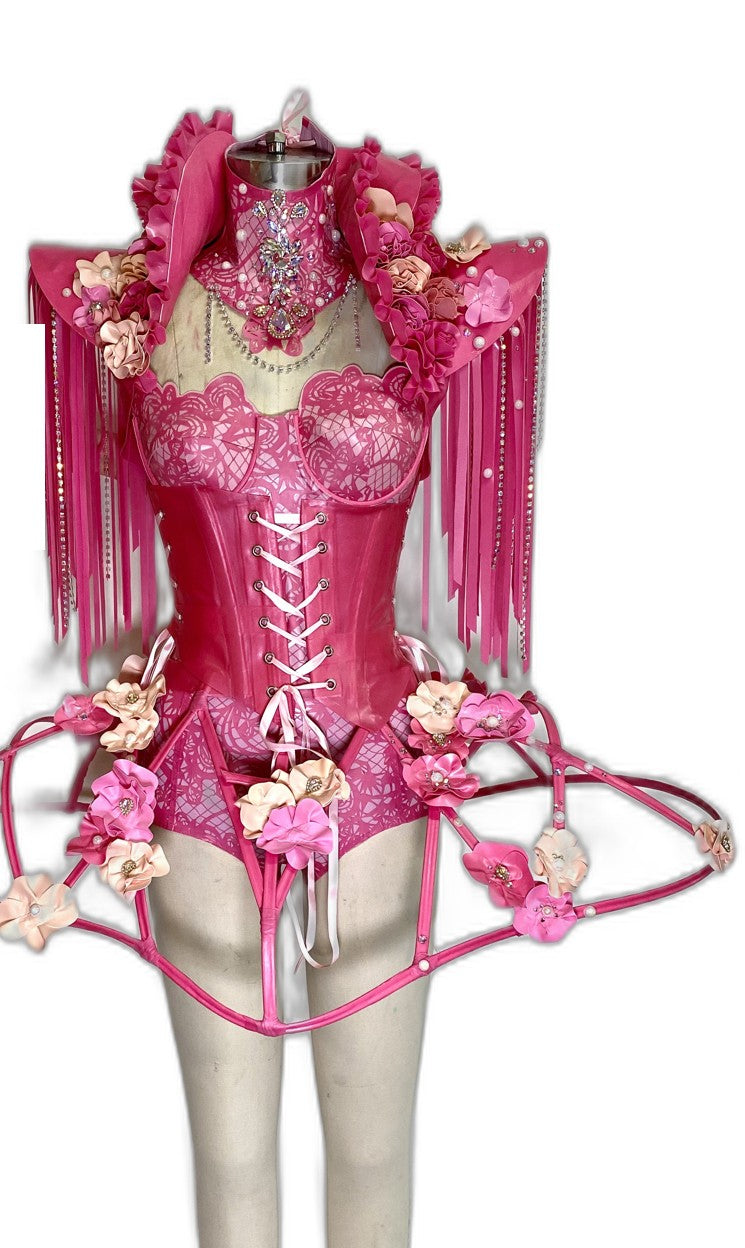 Pink rococo latex corset ensemble by Vex Clothing