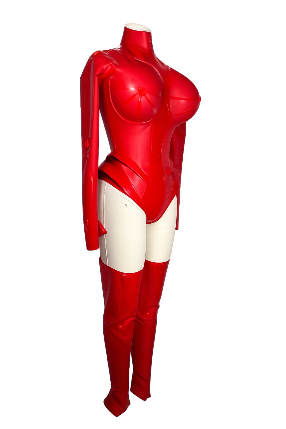 Finished red latex sci-fi bodysuit with molded bust, sculpted emblems, and matching thigh-high boots