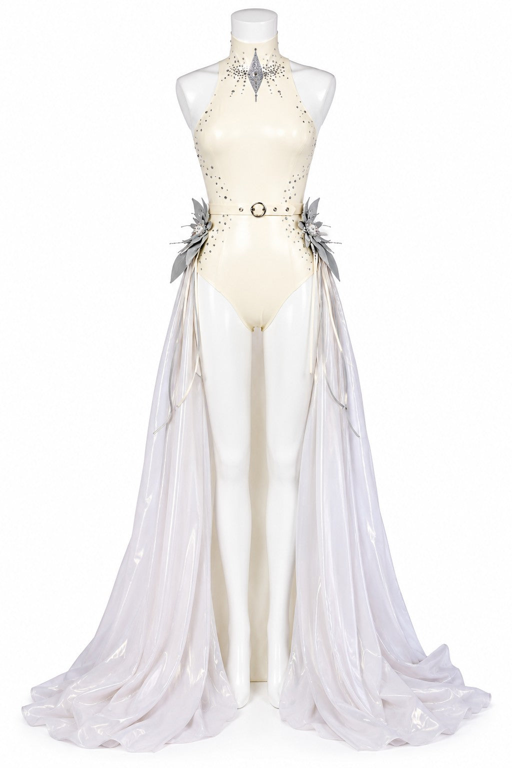 Custom Vex Ice Queen look: ivory latex high-neck bodysuit with crystal neckline, silver latex ice flowers and iridescent floor-length trains