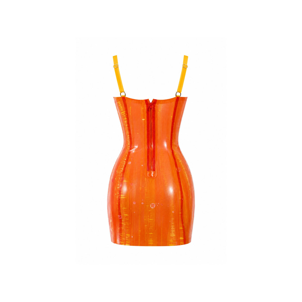 Back view of transparent Orange Red nylon latex mini dress with centre zip closure and adjustable yellow straps — Vex Clothing