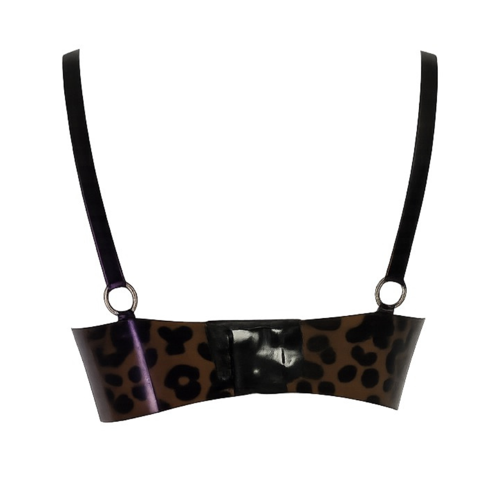 A leopard-print underwire bra with black straps and metal rings, handmade in California by Vex Inc. | Latex Clothing, shown against a white background.