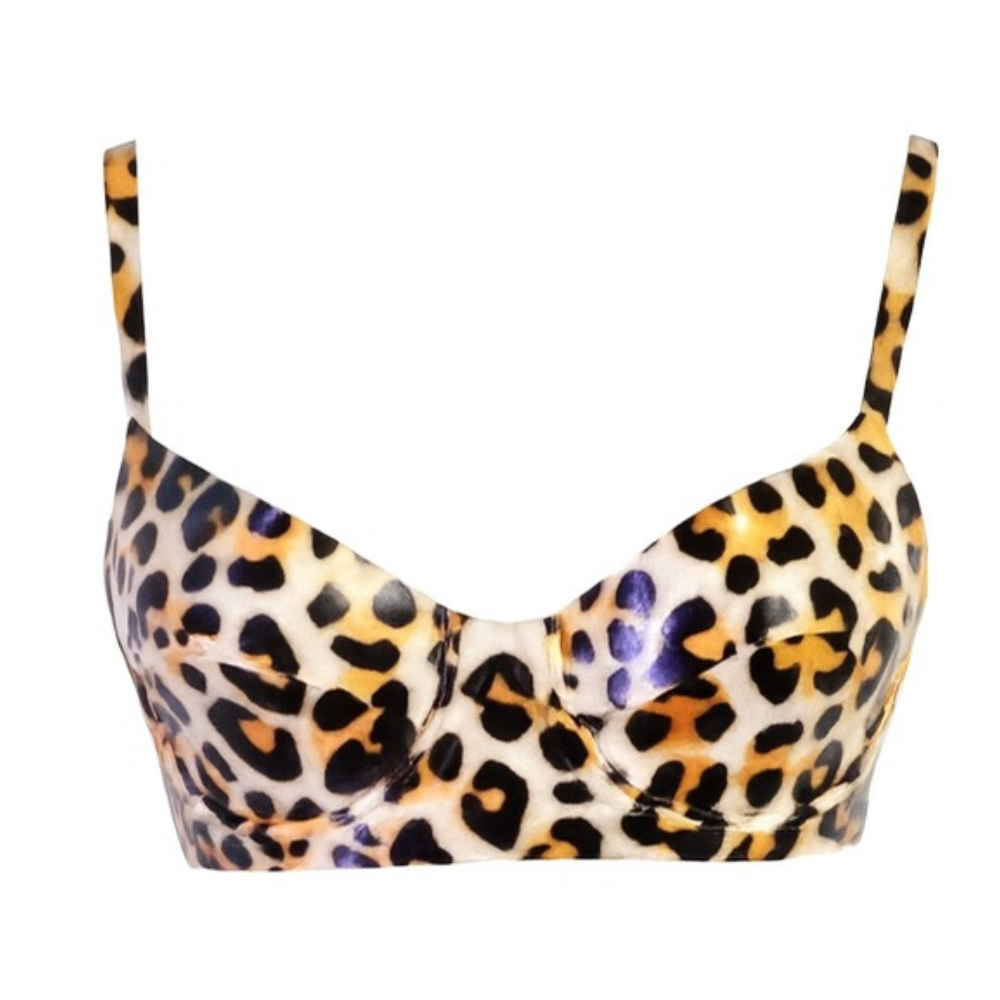 The Vex Inc. | Latex Clothing leopard print underwire bra features thin adjustable straps, structured cups, and a bold design in yellow, black, brown, and white for stylish support.