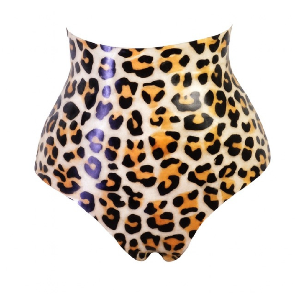 Vex Clothing, INC high-waisted briefs crafted from handmade latex feature a bold leopard print in black, brown, and tan. Displayed on a white background and designed in a California studio for standout style.