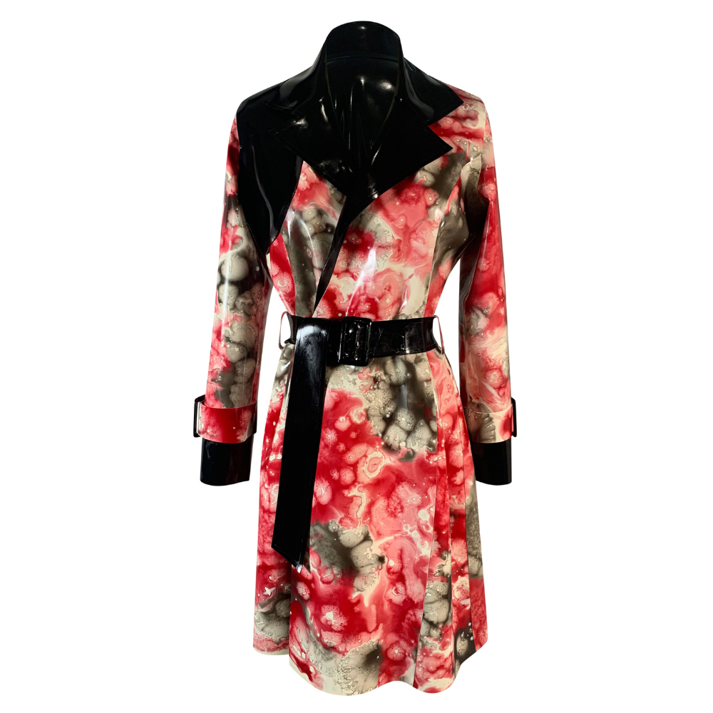ONE OF A KIND Red and Black Water Marble Print Trench Coat READY TO SHIP  Jackets - Vex Inc. | Latex Clothing