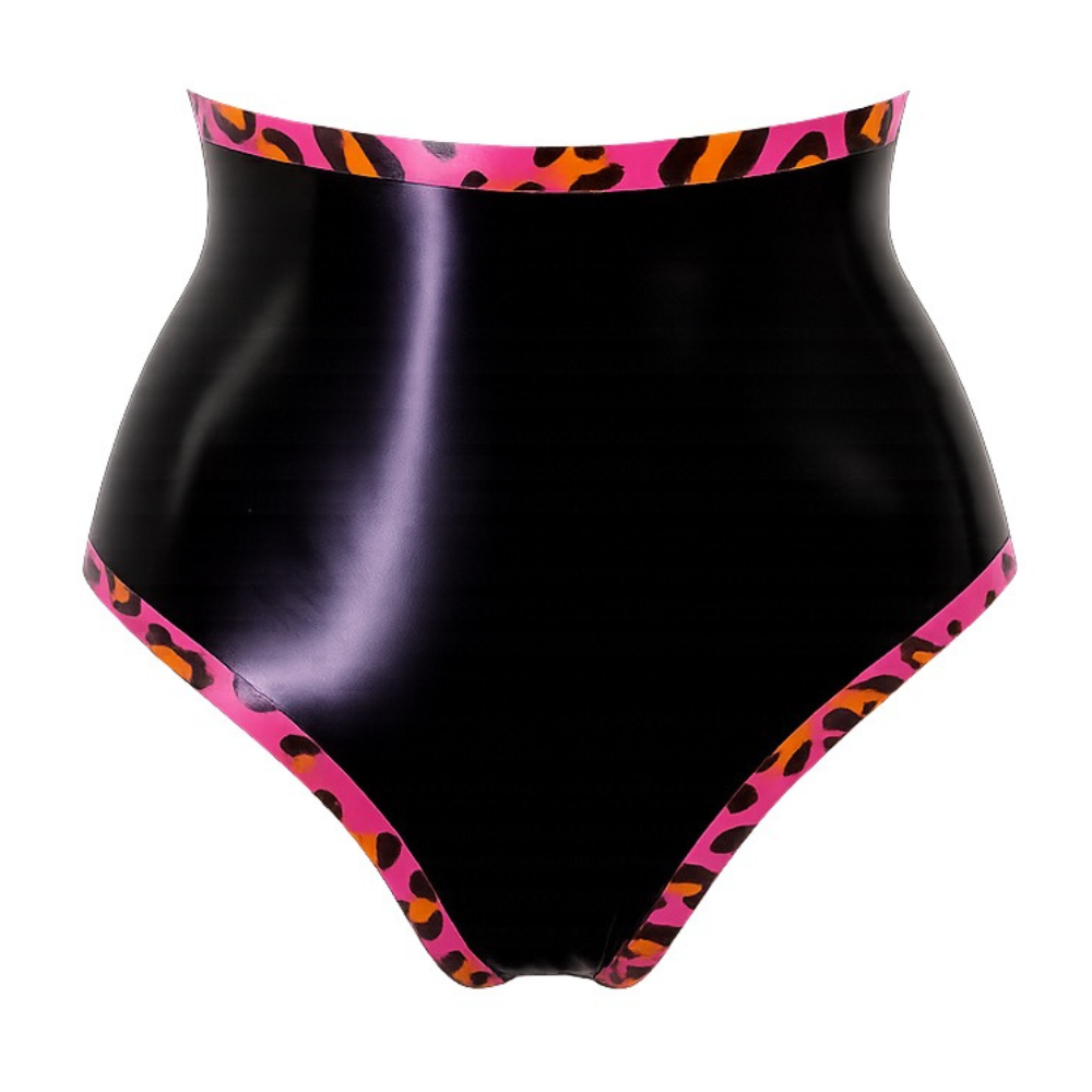 High-waisted shiny black latex briefs by Vex Clothing, INC, featuring pink elastic trim, a vibrant pink leopard print, and orange-black patterned waistband and leg openings.