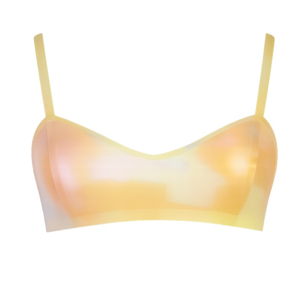 A yellow, semi-transparent bralette with thin straps by Vex Clothing, INC, handmade in California and displayed against a plain white background.