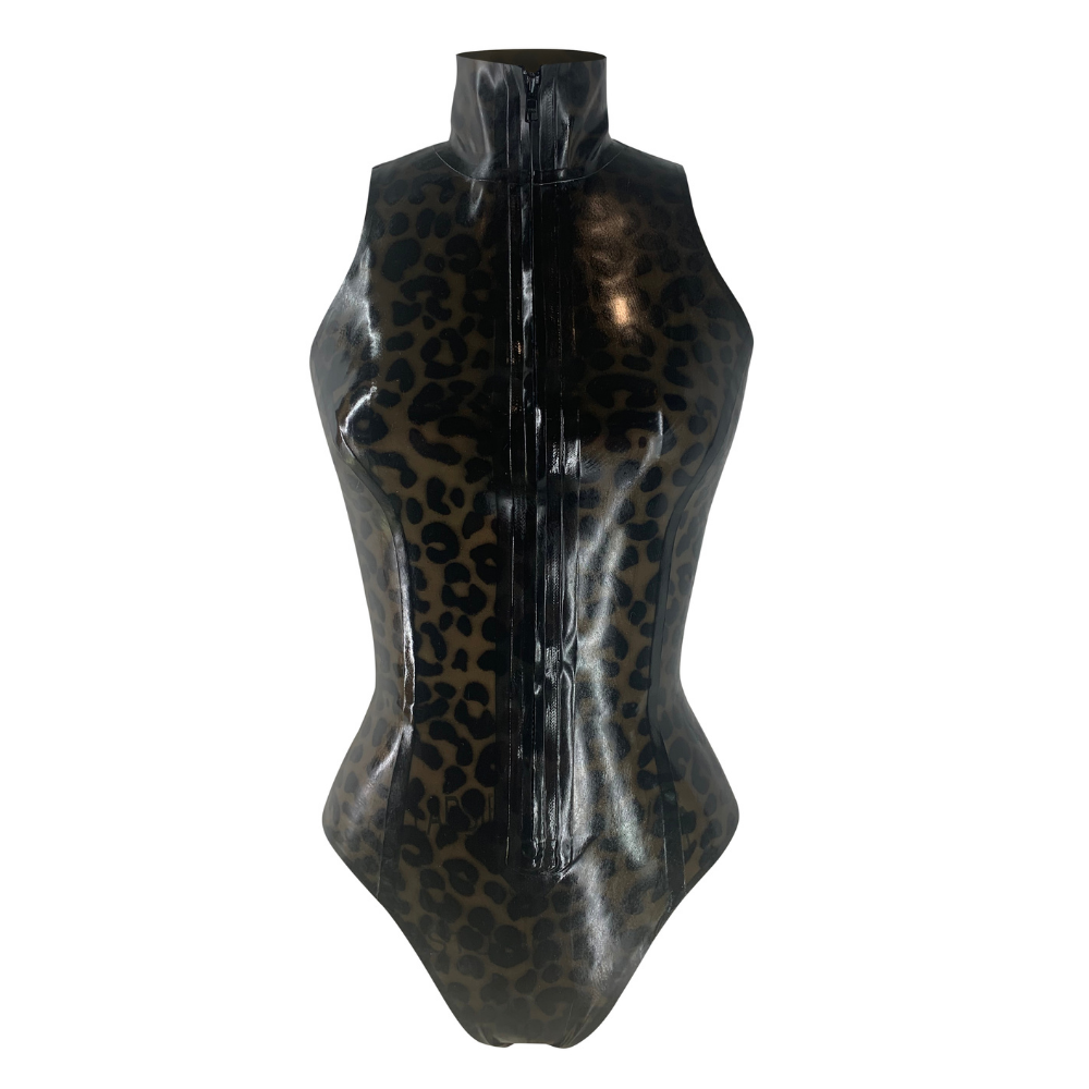 Print Front Zip Sleeveless Bodysuit Ready To Ship Small / Transparent Black Leopard  - Vex Inc. | Latex Clothing