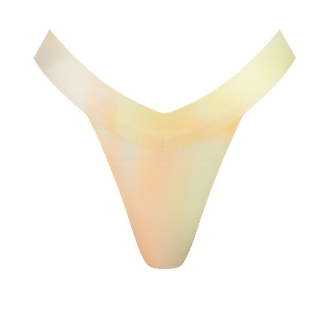 A pastel yellow handmade latex high-cut thong with a V-shaped waistband and Brazilian cut from Vex Clothing, INC, shown on a plain white background.