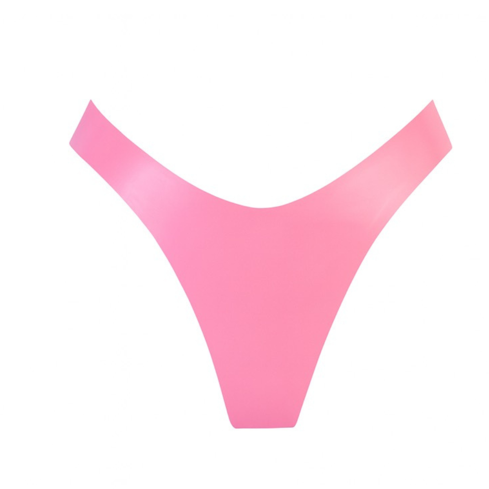 A bright pink handmade latex thong by Vex Clothing, INC in a high Brazilian cut is shown on a plain white background, delivering bold California-inspired style.