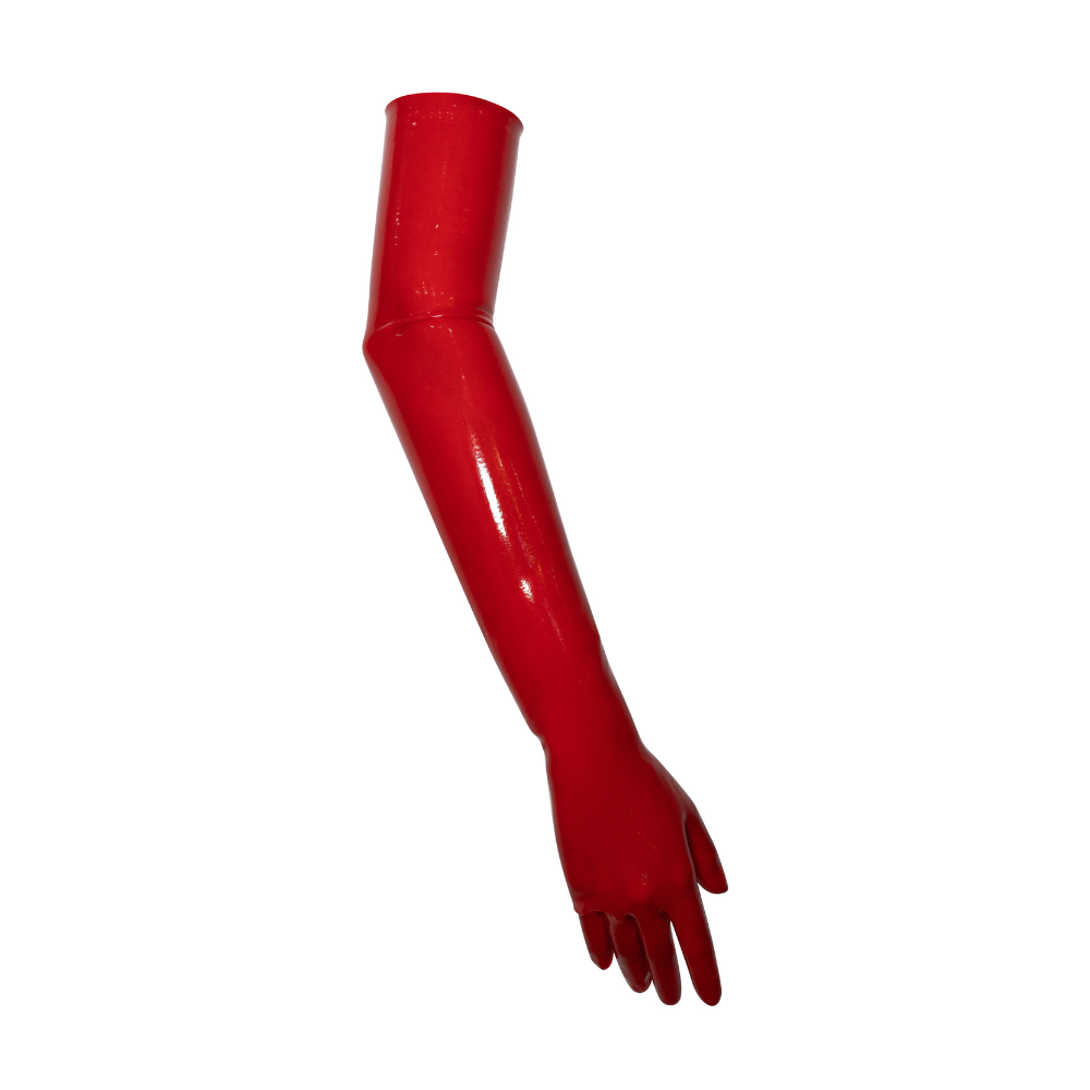 A shiny red mannequin arm by Vex Clothing, INC, slightly bent at the elbow with relaxed fingers, serves as a striking accent bar on a white background.