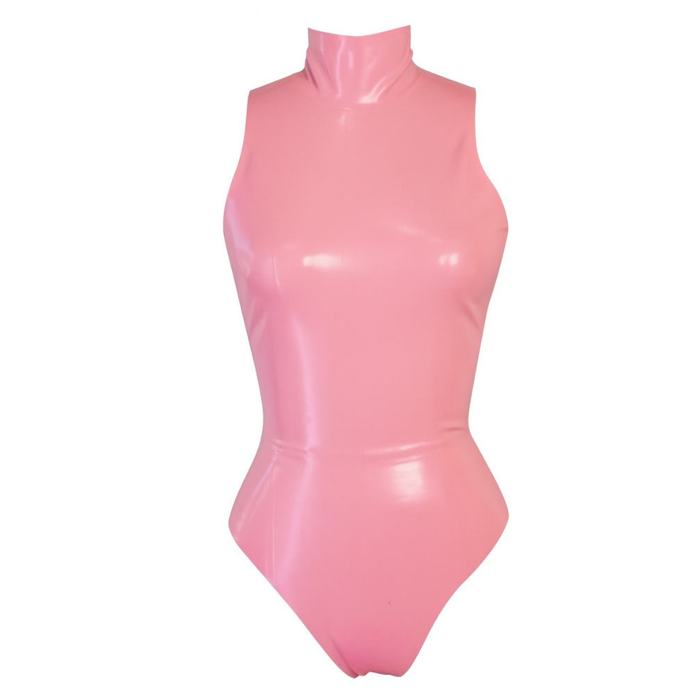 A form-fitting, sleeveless high-neck latex bodysuit in shiny pink from Vex Inc. | Latex Clothing is displayed against a plain white background.