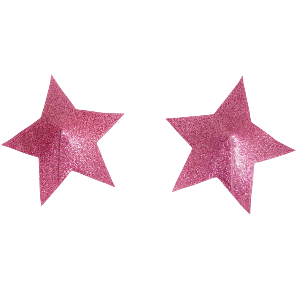 Two pink glittery star-shaped objects with a 3D, pointed appearance on a white background—perfect as Vex Latex Glitter Star Pastie festival accessories.