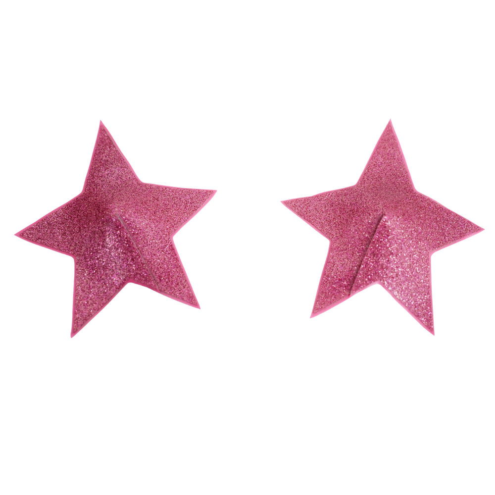Two pink, glittery, 3D star shapes resembling Vex Latex Glitter Star Pastie festival accessories are displayed side by side on a white background.