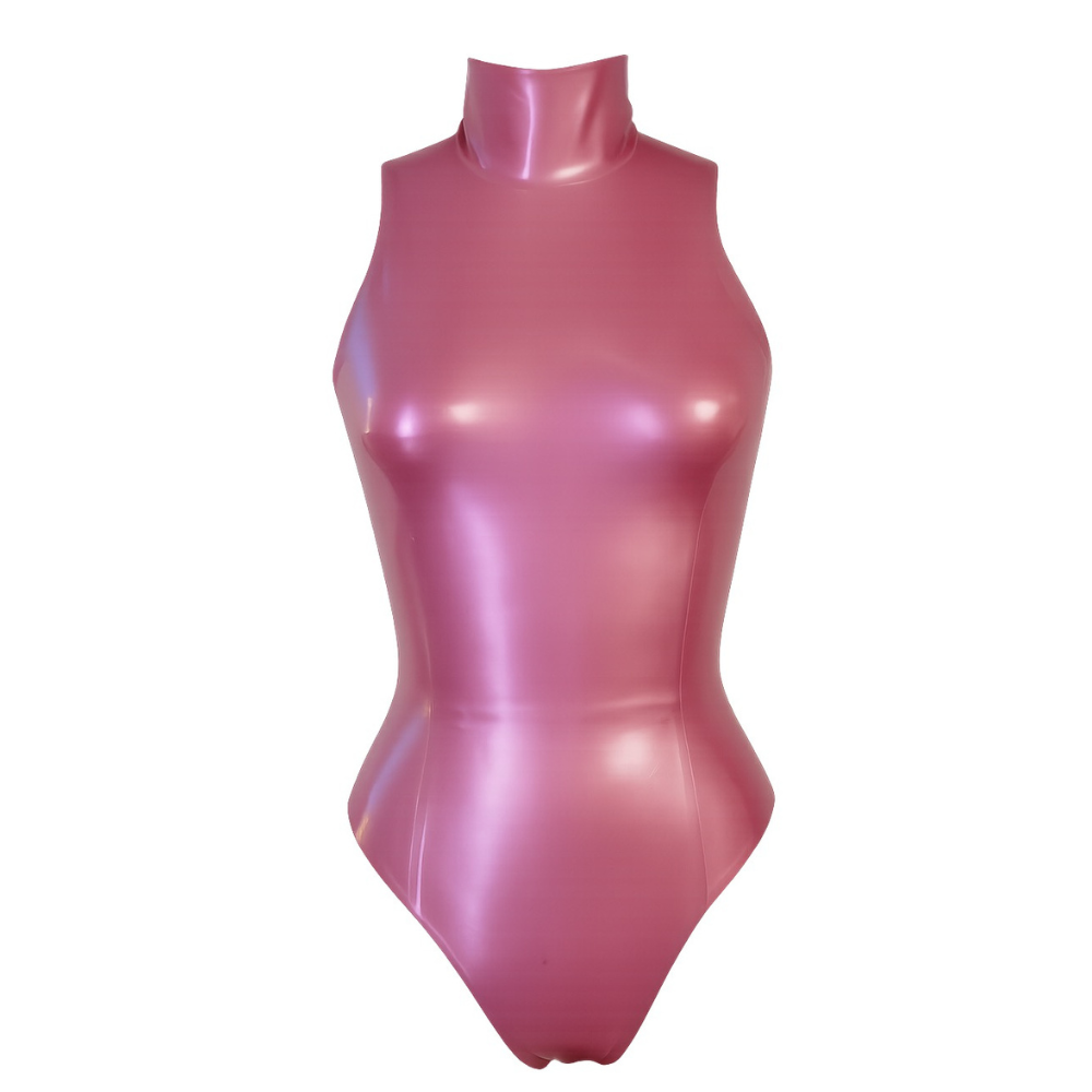 A metallic pink, sleeveless latex bodysuit with a mock turtleneck by Vex Inc. | Latex Clothing, handcrafted in California and displayed on a mannequin torso.