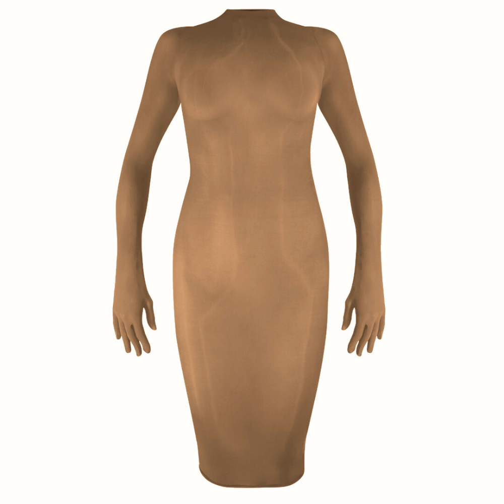 Vex Latex presents a sheer nude nylon midi dress with long sleeves and attached gloves, highlighting a sculptural, form-fitting silhouette against a plain white background.
