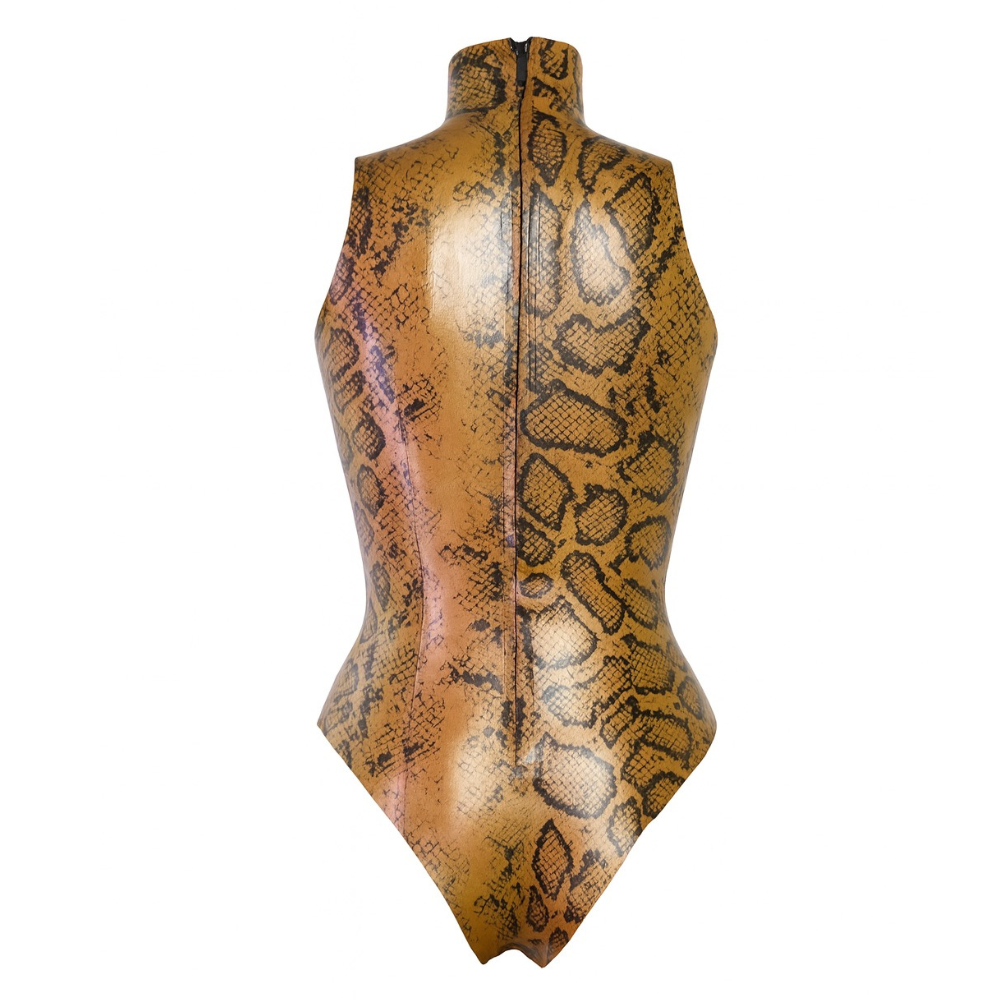 The Vex Inc. | Latex Clothing bodysuit features a sleeveless, mock turtleneck design in brown and black snakeskin print with a visible back zipper.
