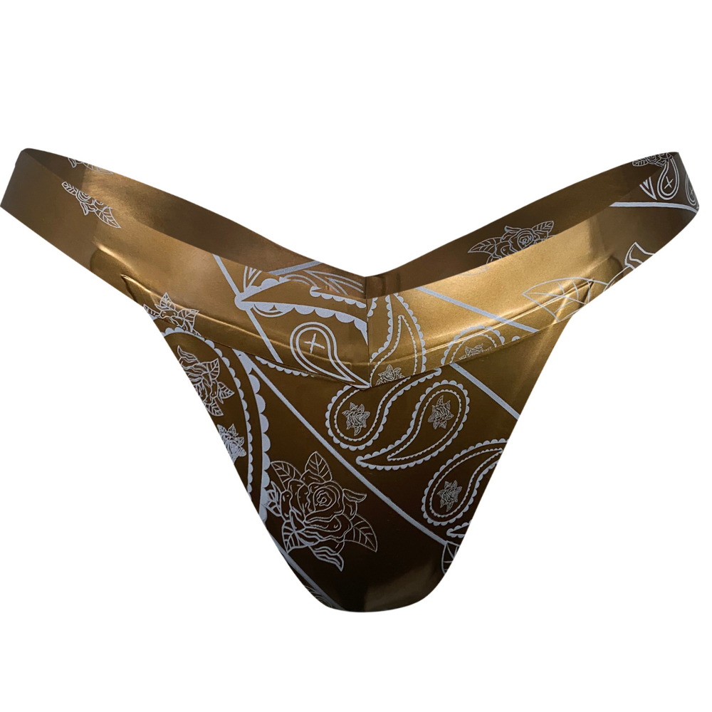 Bandana Print High Cut Gold Thong READY TO SHIP Medium / Antique Gold Womens - Vex Inc. | Latex Clothing