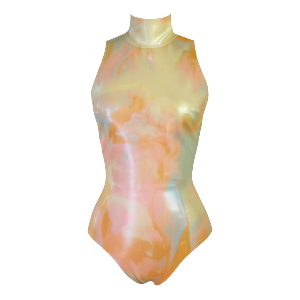 A sleeveless mock turtleneck latex bodysuit by Vex Inc. | Latex Clothing, handmade in California, features a shiny marbled pattern in pastel yellow, peach, and pink, displayed on a plain white background.