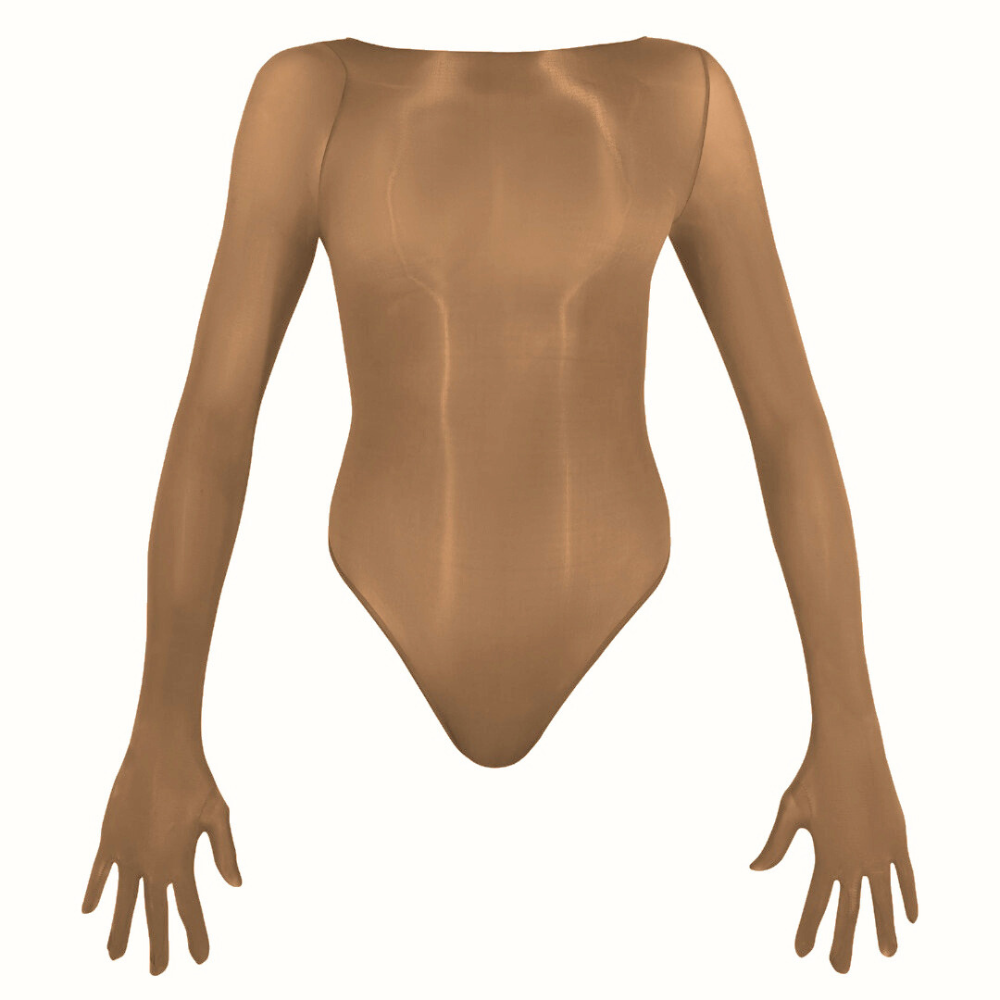 A tan, sheer bodysuit by Vex Latex from the Nylon Collection features exaggeratedly long arms and fingers, crafted in high-gloss nylon and shown against a plain white background.