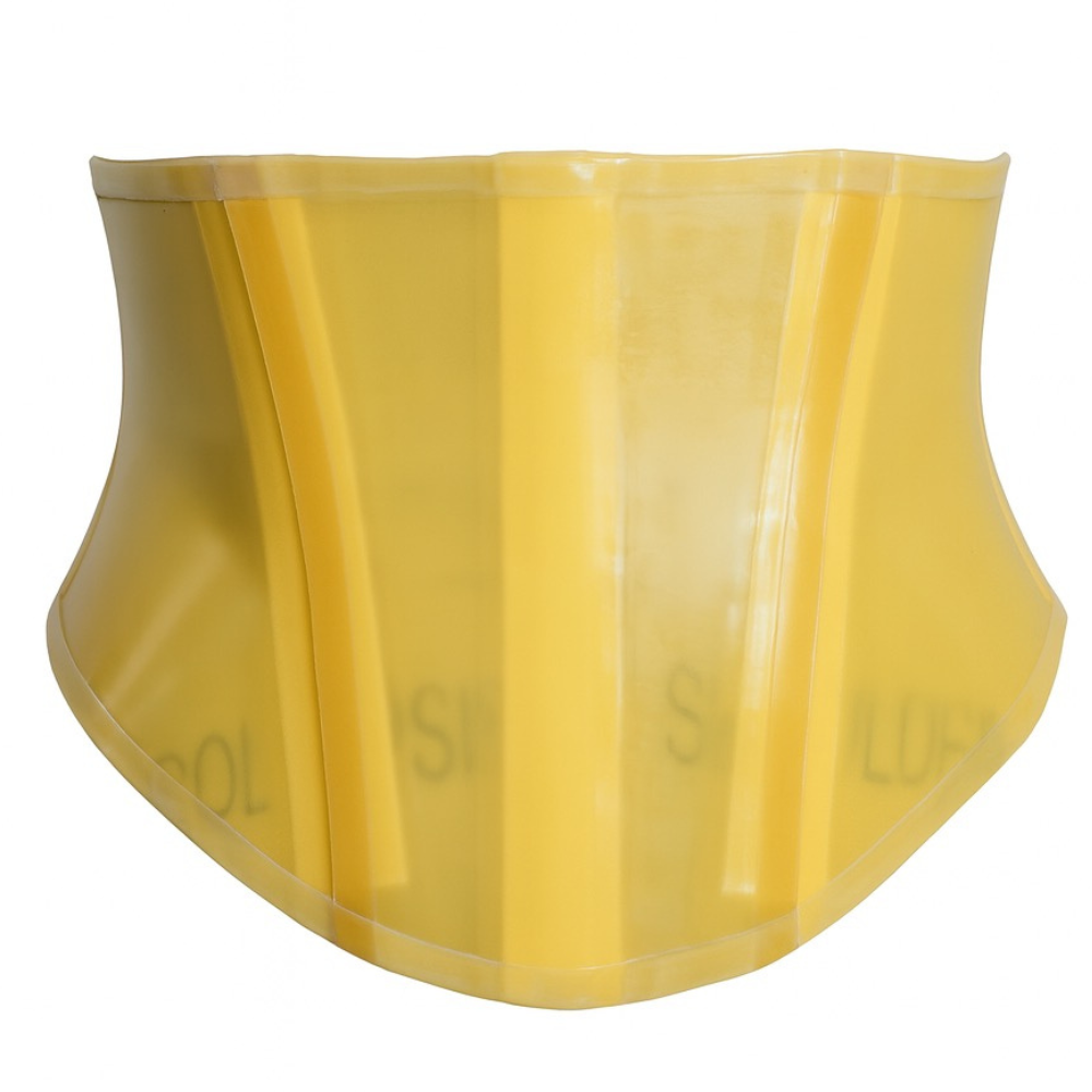 The Vex Inc. Latex Clothing yellow handmade latex corset waist belt features a smooth, semi-transparent finish and vertical support lines, shown against a white background.
