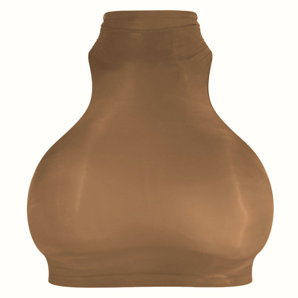 This brown sculpted Halo Crop Top by Vex Latex features a sleeveless, high-neck design with an exaggerated hourglass silhouette and a smooth, high-gloss nylon finish.