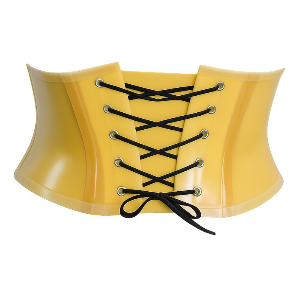 A shiny yellow handmade latex corset waist belt by Vex Inc. | Latex Clothing, features black laces threaded through silver eyelets and tied in a bow at the front bottom.