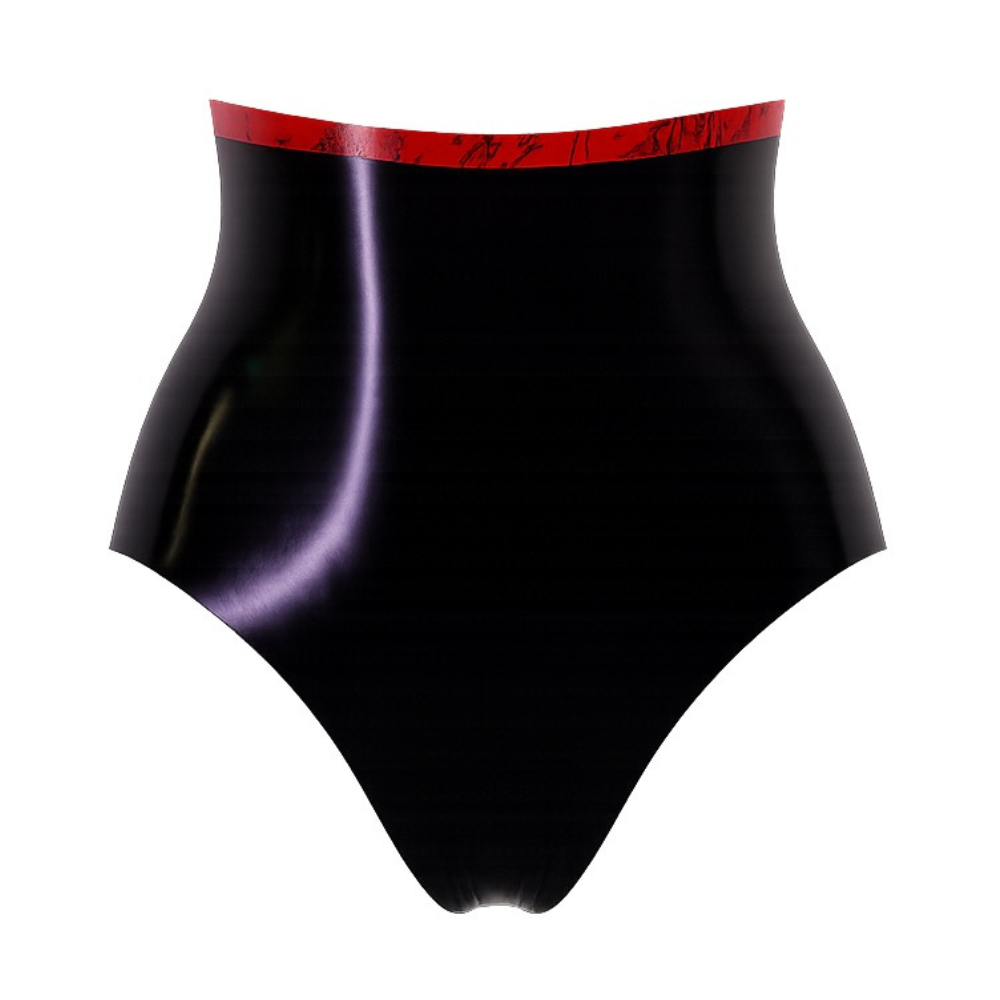 Vex Clothing, INC presents a high-waisted latex swimsuit bottom with a glossy red floral print waistband and subtle abstract pattern. This form-fitting design delivers a bold yet elegant look.