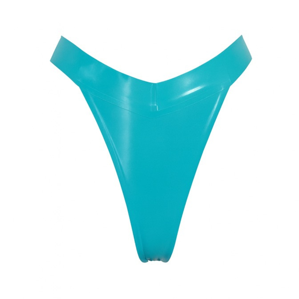 A turquoise latex thong by Vex Clothing, INC featuring a high Brazilian cut and V-shaped waistband, handmade in California and shown on a white background.
