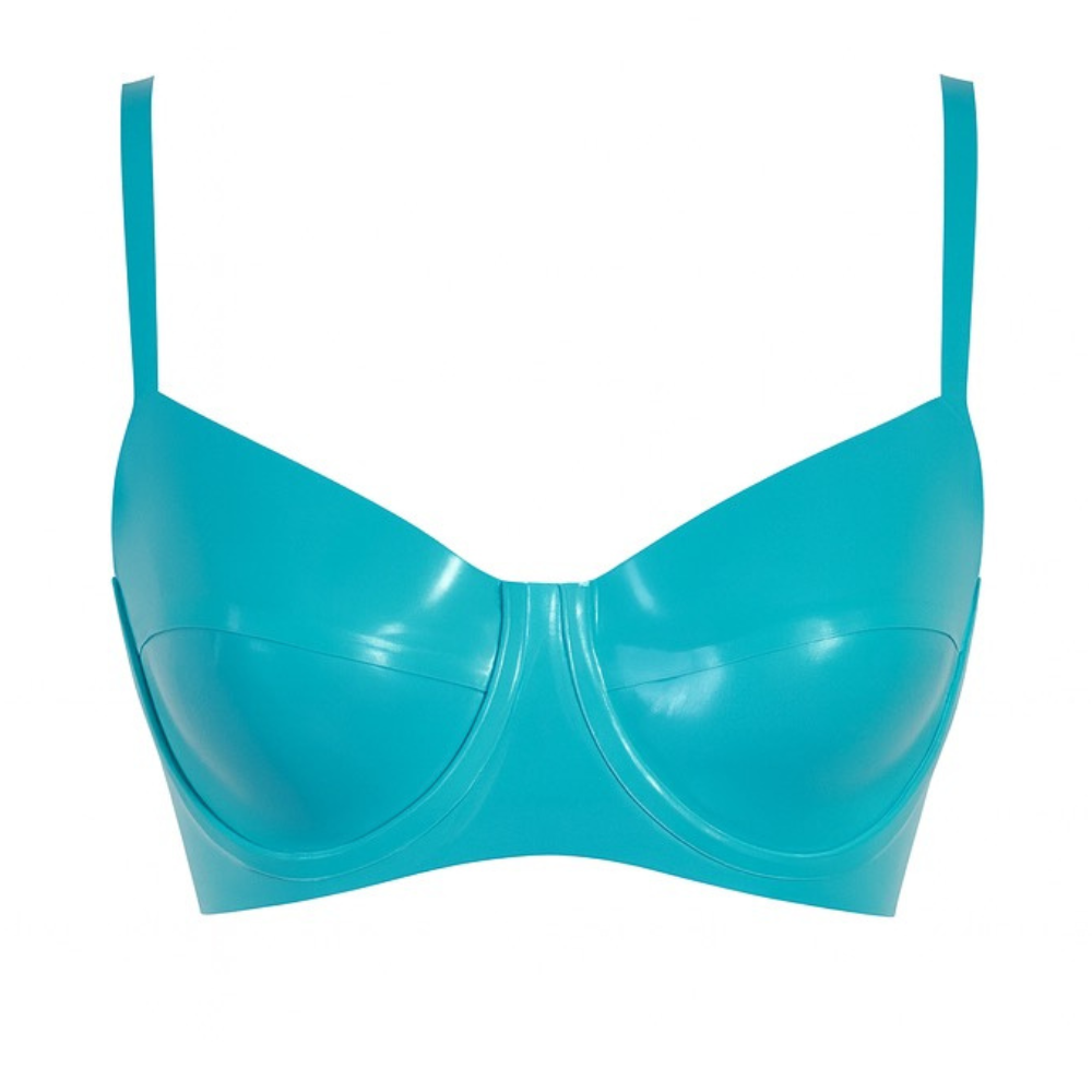 A vibrant turquoise, glossy molded underwire bra by Vex Clothing, INC features adjustable straps and reliable support, showcased on a plain white background.