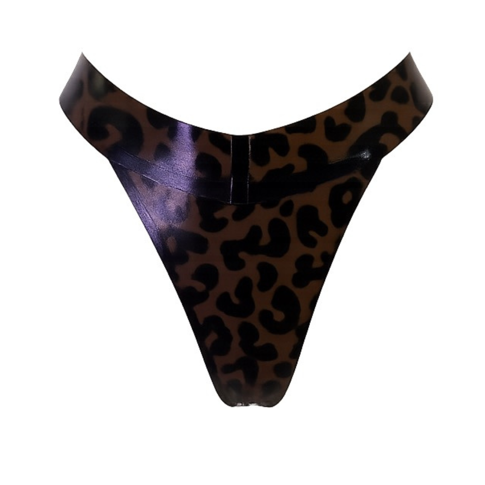 A shiny, high-waisted latex thong with a brown and black leopard print and high Brazilian cut by Vex Clothing, INC, handmade in California, displayed against a white background.