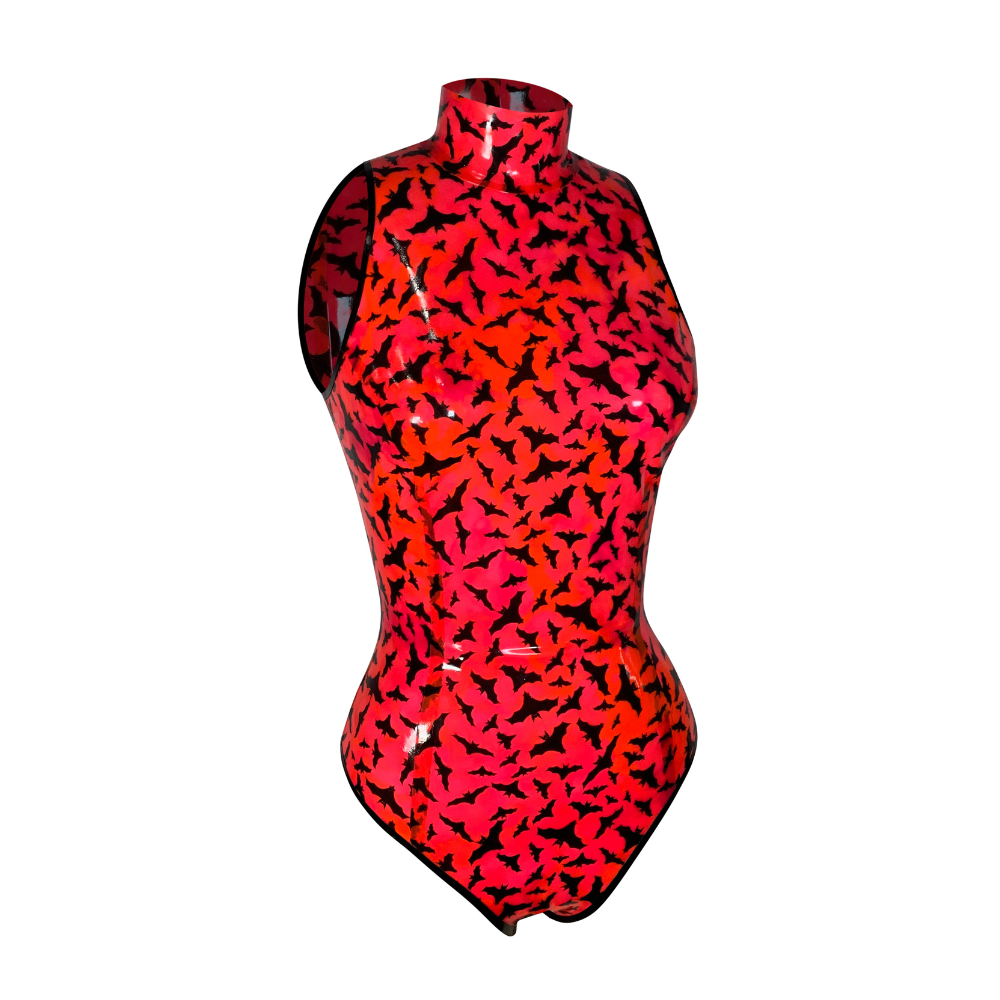 (ONE OF A KIND) UV Glow Bat Print Sleeveless Bodysuit READY TO SHIP   - Vex Inc. | Latex Clothing