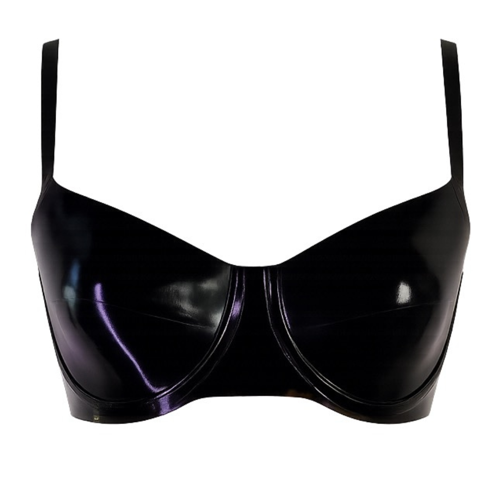 A glossy black latex bra by Vex Inc. | Latex Clothing, featuring molded cups and thin shoulder straps, handmade in California and shown against a plain white background.