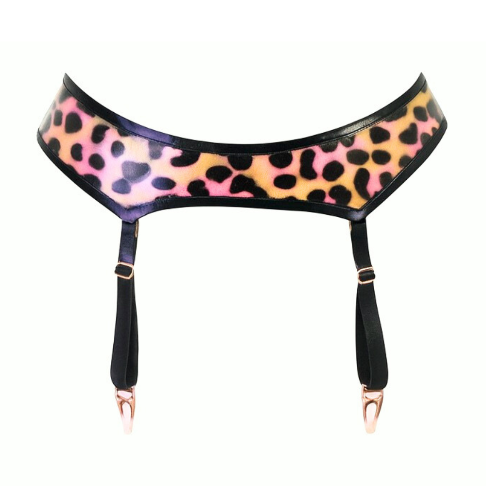 A leopard print modern garter belt by Vex Clothing, INC features adjustable black straps and gold clasps. Handmade in California, it's shown against a white background.