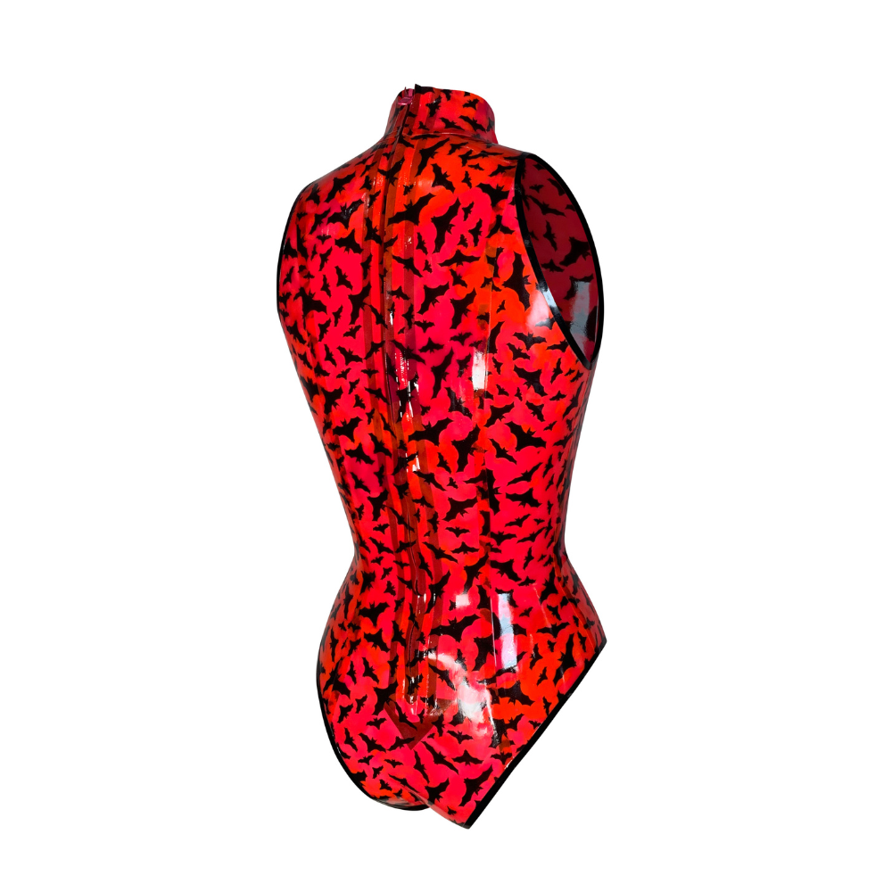 (ONE OF A KIND) UV Glow Bat Print Sleeveless Bodysuit READY TO SHIP   - Vex Inc. | Latex Clothing