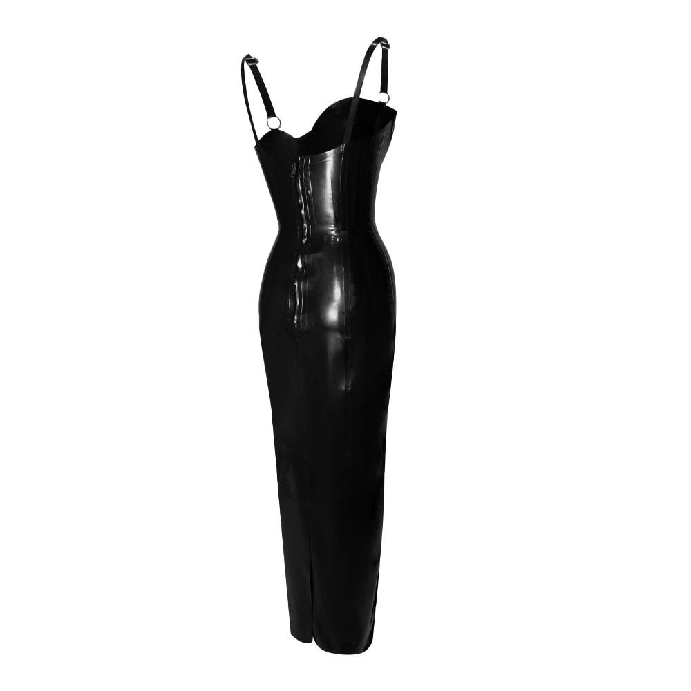 A sleek, form-fitting black latex bustier dress with thin straps and a sweetheart neckline, featuring a shiny finish. Handmade in California by Vex Clothing, INC | Latex Clothing and shown on a white background.