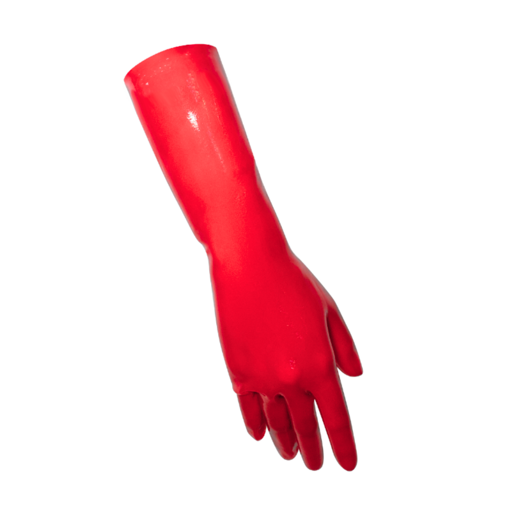 A bright red rubber glove from Vex Clothing, INC is shown from the wrist up with curved fingers, isolated on a white background—ideal for banner headers or design accents.