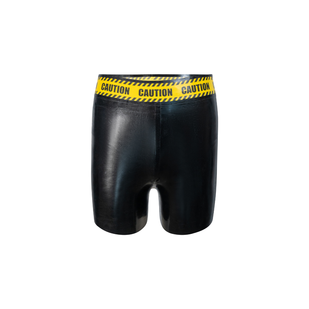 (ONE OF A KIND) Yellow Caution Print Men's Shorts READY TO SHIP  Mens - Vex Inc. | Latex Clothing