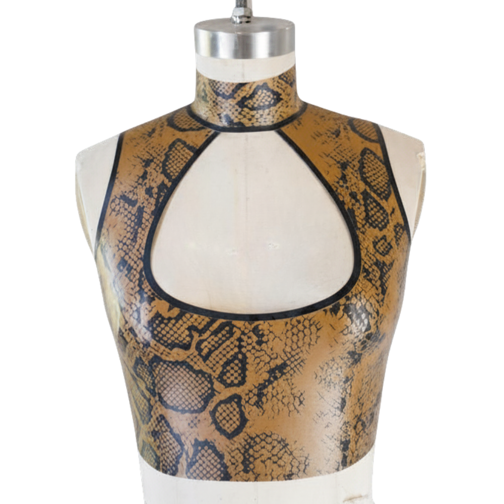 A bold Ready to Ship Banner tops a dress form displaying Vex Clothing, INC | Latex Clothing’s sleeveless brown and black snakeskin-patterned crop top with a high neck and large chest cut-out.