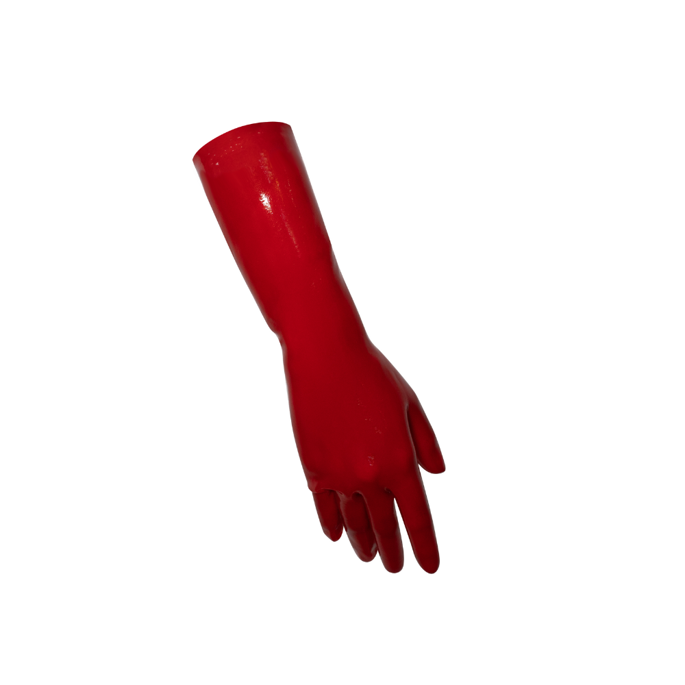 A shiny red rubber glove by Vex Clothing, INC, shaped like a human hand with fingers pointed downward, is isolated on a white background—perfect as an accent bar or banner header for striking visual impact.