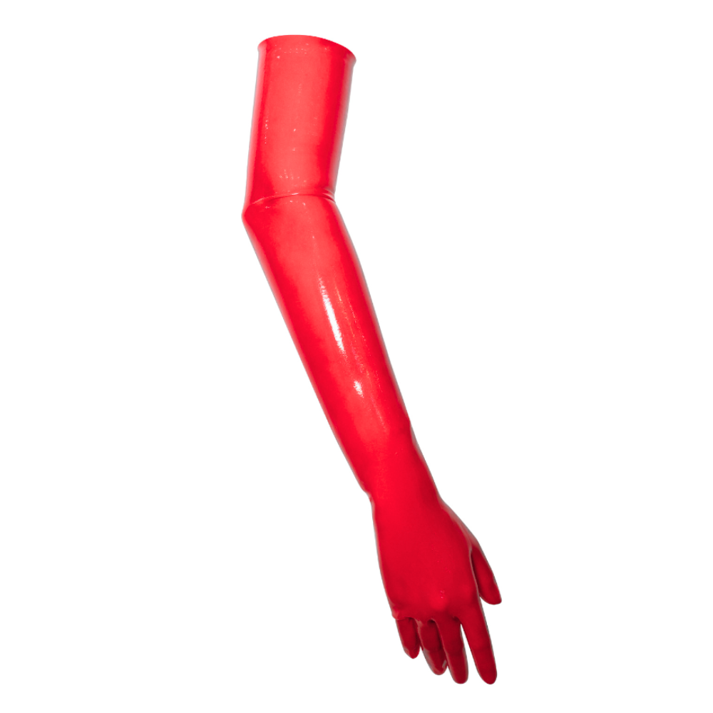 A shiny red rubber glove shaped like a human arm and hand from Vex Clothing, INC, ideal as an accent bar or banner header, isolated on a white background.
