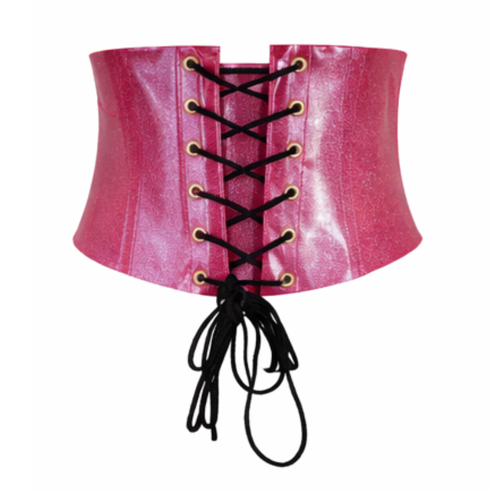 Add a bold pop to your outfit with Vex Inc. | Latex Clothing's shiny pink waist corset, featuring a structured design, black laces threaded through gold eyelets, and finished with a bow. Ready to Ship!.