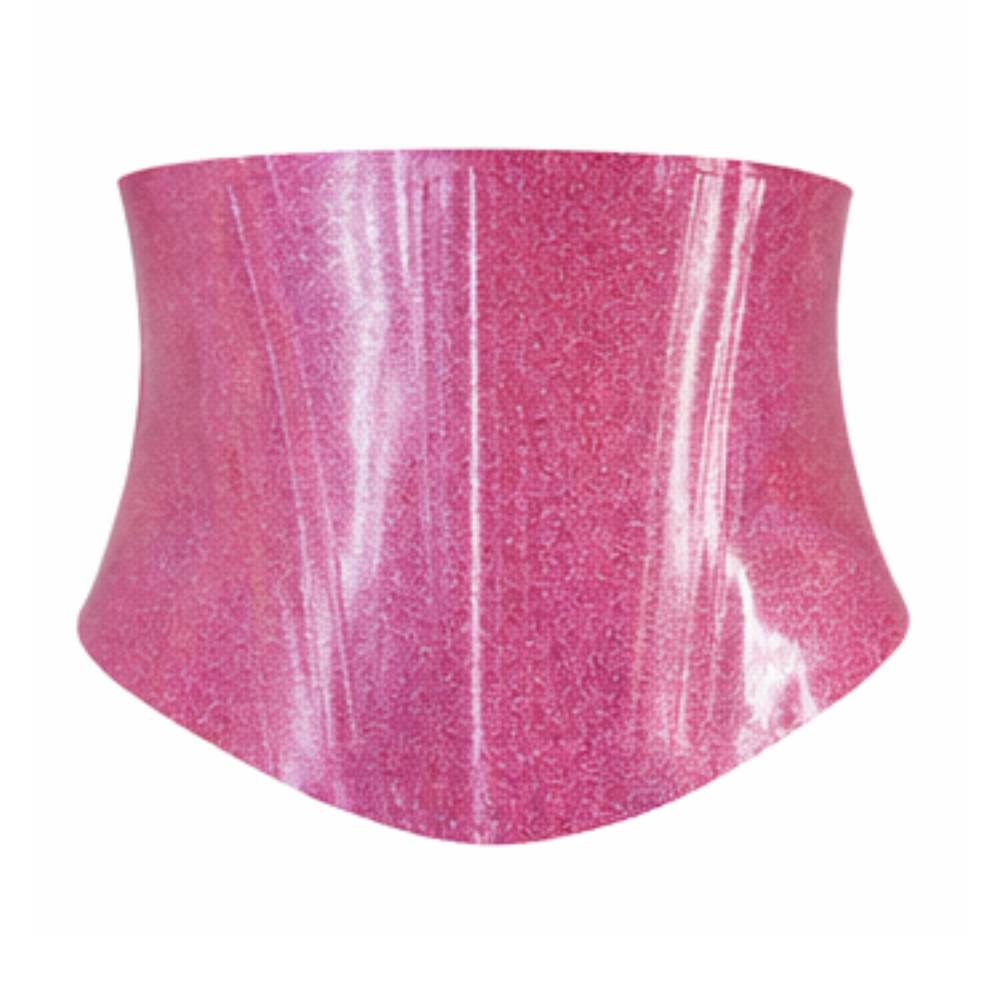 Vex Inc. | Latex Clothing glossy, glittery pink waist corset or belt in reflective material, shown on a white background with an accent bar banner indicating it’s ready to ship.